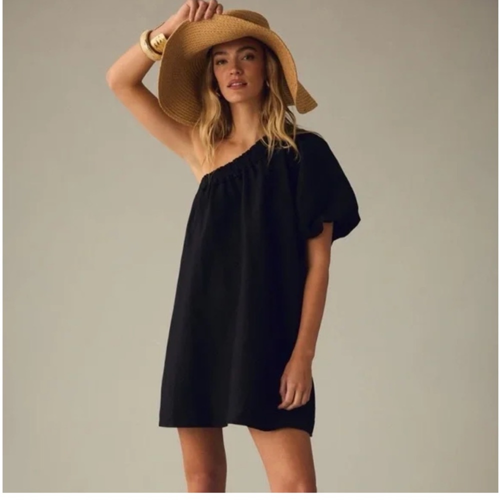 BY ANTHROPOLOGIE EUC One Shoulder Waistless Mini Dress Linen Blend M Black - Picture 2 of 11